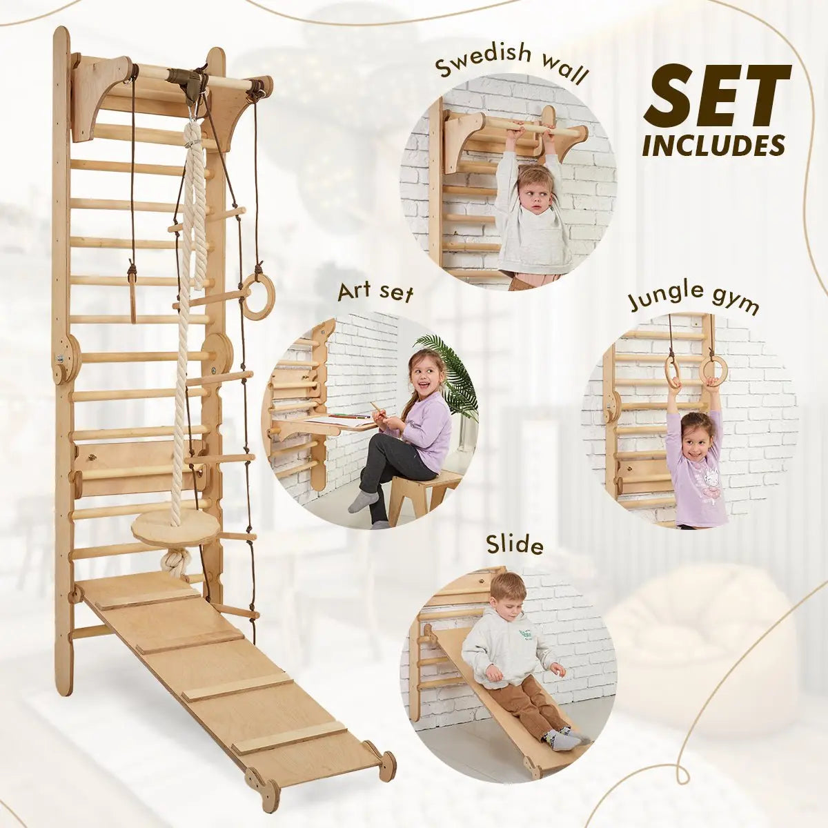 Mur suédois en bois / Échelle d'escalade pour enfants + Ensemble balançoire + Toboggan + Accessoire artistique.