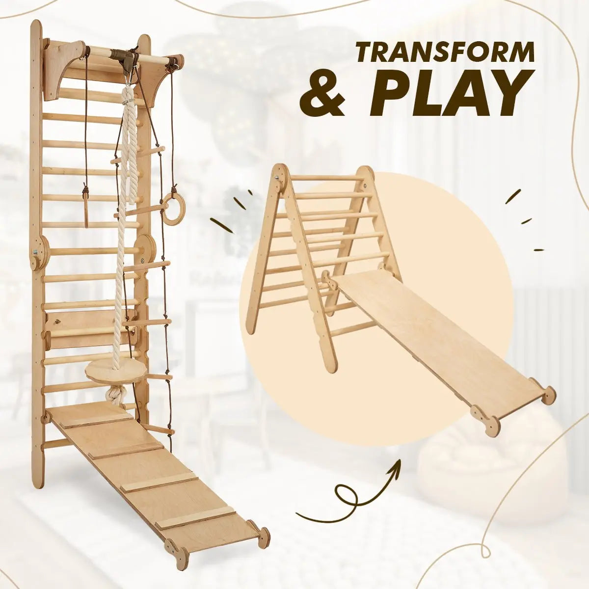 Mur suédois en bois / Échelle d'escalade pour enfants + Ensemble balançoire + Toboggan + Accessoire artistique.