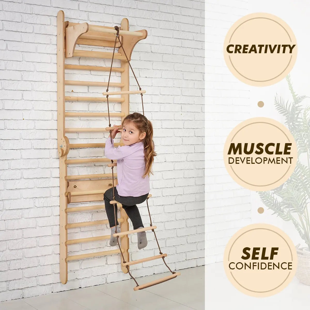 Mur suédois en bois / Échelle d'escalade pour enfants + Ensemble balançoire + Toboggan + Accessoire artistique.