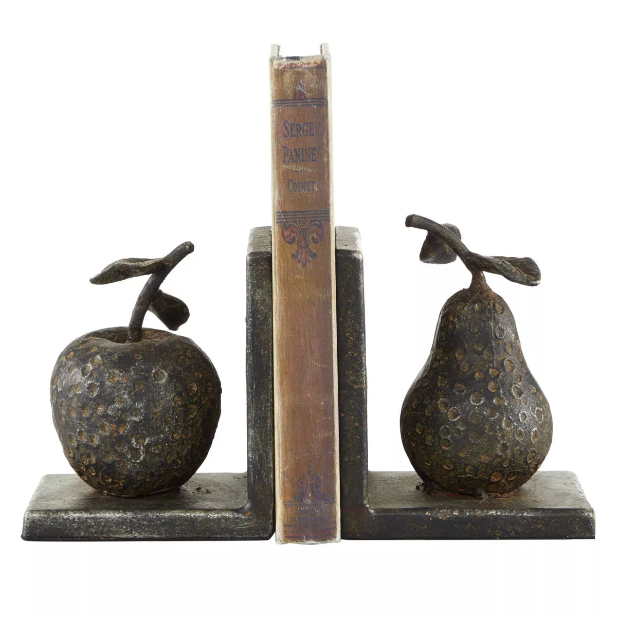 Set van 2 peer- en appelvormige metalen boekensteunen, 15 x 10,5 cm grijs