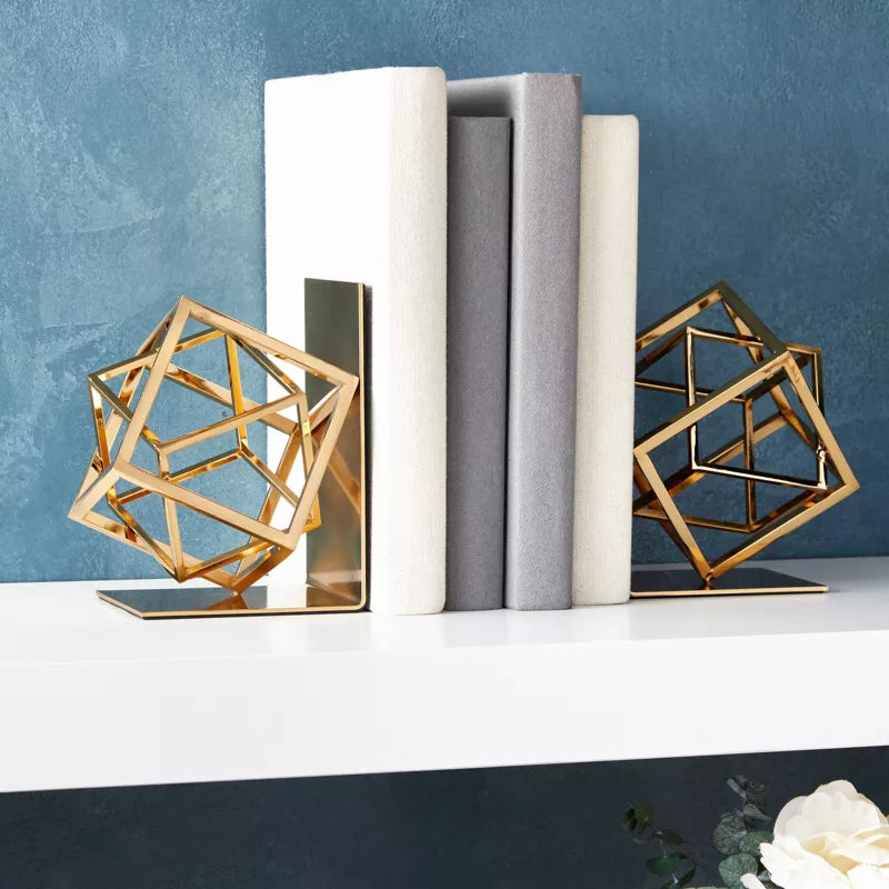 Gouden Juvale decoratieve boekensteunen met vierkant geometrisch ontwerp in metaal