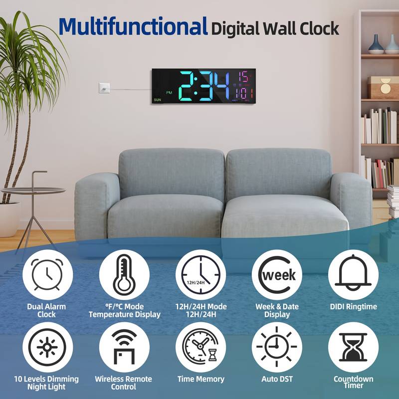 🕒 Grande horloge murale numérique de 16,5 pouces – LED RVB, télécommande et fonctionnalités intelligentes ! 🌈📅